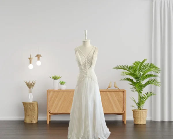 Timeless Pearl and Bead Embroidered Wedding Gown with Flattering Pleated Skirt (Wedding Dress / Bridal)