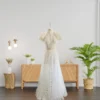 Vintage-Inspired Wedding Gown with Fully Lace Embroidery, and Tulle Frills on the Shoulders (Wedding Dress / Bridal)
