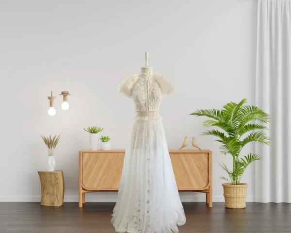 Vintage-Inspired Wedding Gown with Fully Lace Embroidery, and Tulle Frills on the Shoulders (Wedding Dress / Bridal)