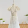 Vintage-Inspired Wedding Gown with Fully Lace Embroidery, and Tulle Frills on the Shoulders (Wedding Dress / Bridal)