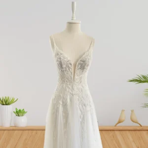 Romantic Wedding Gown with Leaf-Shaped Bead Embroidered Lace Details (Wedding Dress / Bridal)