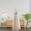 Romantic Leaf-Shaped Lace Wedding Gown with Draped Tulle Body and Salmon-Colored Lining (Wedding Dress / Bridal)