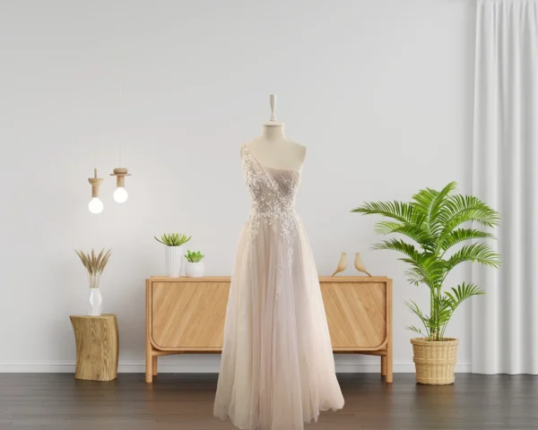 Romantic Leaf-Shaped Lace Wedding Gown with Draped Tulle Body and Salmon-Colored Lining (Wedding Dress / Bridal)