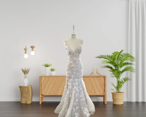 Elegant Mermaid Wedding Gown with Delicate 3D Lace, Long Train, and Asymmetrical One-Shoulder Design (Wedding Dress / Bridal)