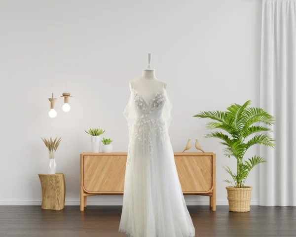 Ethereal Wedding Gown with Tulle Skirt, Draped Bodice, and 3D Leaf Lace Details (Wedding Dress / Bridal)