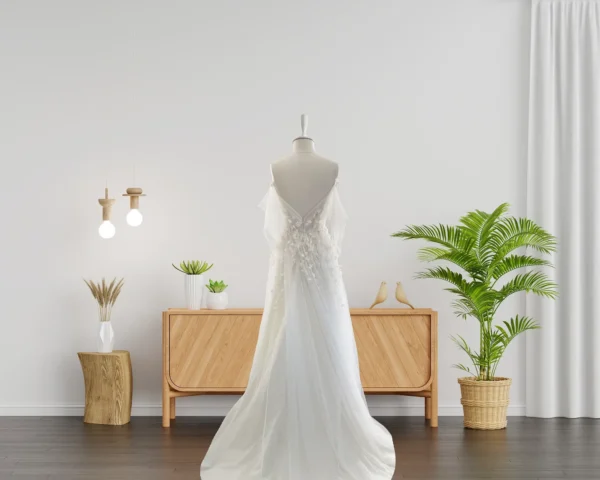 Ethereal Wedding Gown with Tulle Skirt, Draped Bodice, and 3D Leaf Lace Details (Wedding Dress / Bridal)