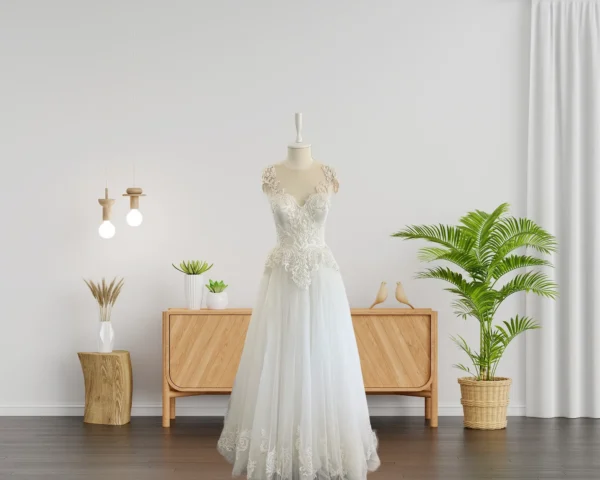 Chic Custom-Made Wedding Gown with Flattering A-Line Skirt and Beautiful Lace Embellishments (Wedding Dress / Bridal)